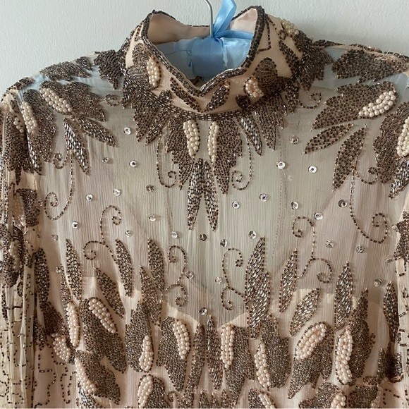 Vintage 70s Beaded Embroidered Sheer Long Sleeve Open Back Cocktail Party Dress - Picture 8 of 17